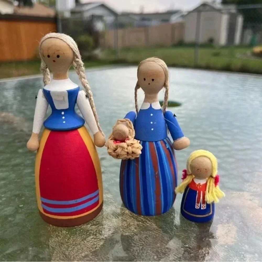 Vintage Swedish Folk Art Wooden Hand Painted Dolls Set of 3 - Picture 1 of 16
